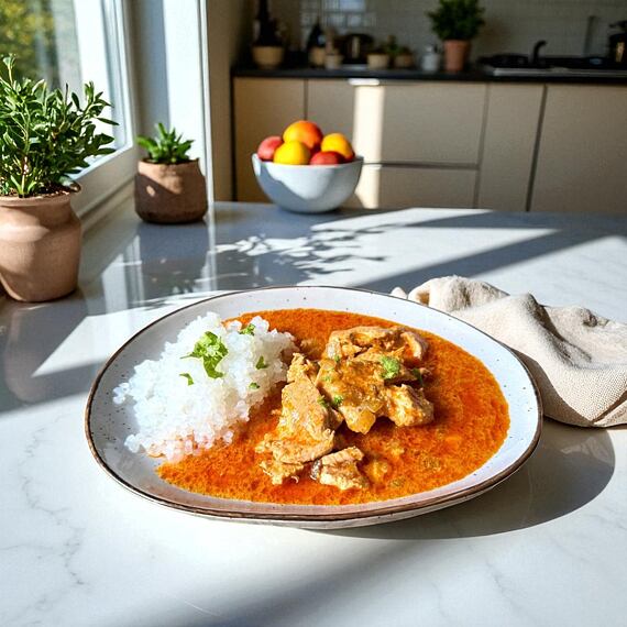 Kuřecí maso na červeném kari - hotový pokrm (1 porce) 